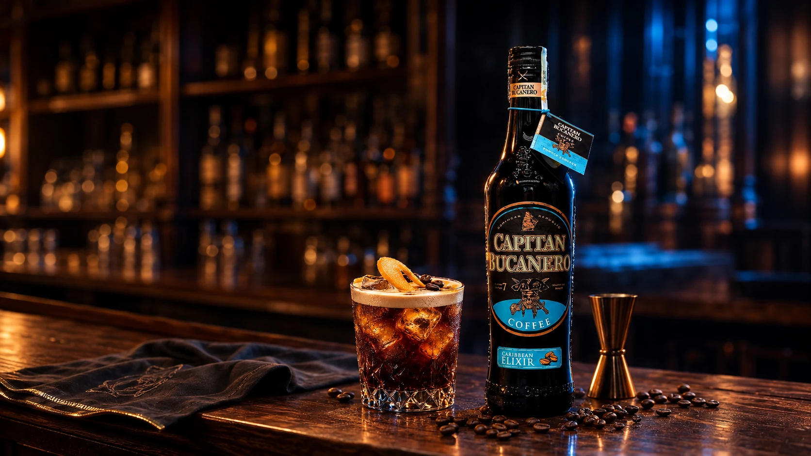 Celá lahev Capitan Bucanero Coffee s doporučeným drinkem